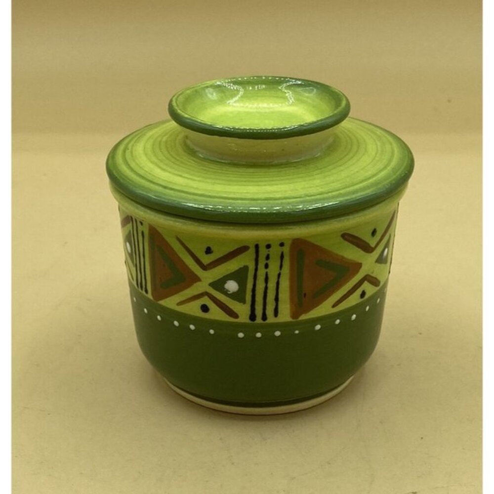 Okavango Ceramics Hand Painted African Pottery Butter Dish Covered Signed Tha